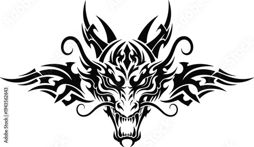 Black and white tribal dragon head tattoo design with symmetrical wings and sharp horns for aggressive decorative graphic concepts