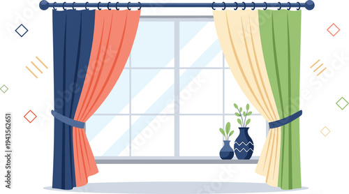 Modern interior window vector illustration with colorful curtains decorative vases house plants and bright cozy home room atmosphere
