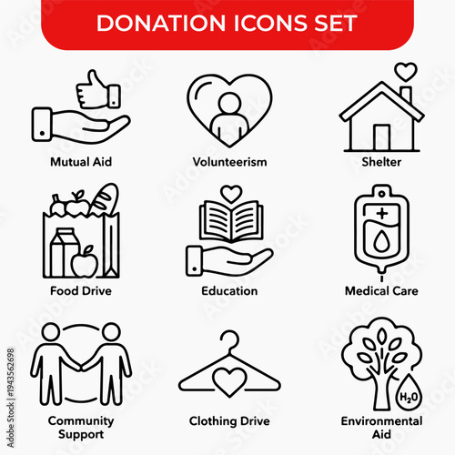 Donation Icon Set: A comprehensive collection of line art icons representing various aspects of charity, from mutual aid to environmental assistance, showcasing the spirit of giving and support.