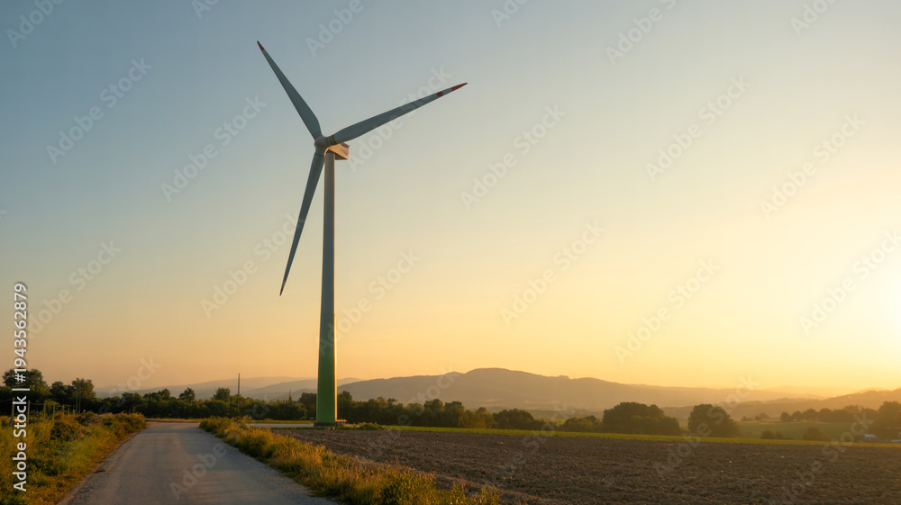 Fototapeta premium A field of renewable wind turbines harnesses green energy under a blue sky at sunset, utilizing advanced technology to generate clean electric power for a sustainable environment