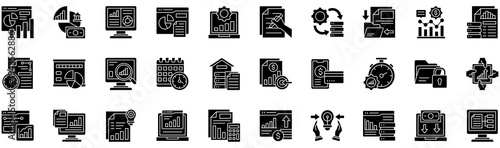 Business Analytics glyph style icon collection. Vector illustrations. Predictive chart, Investment, Monitor, Sale report, Operation, Plan, Process. Pro Vector