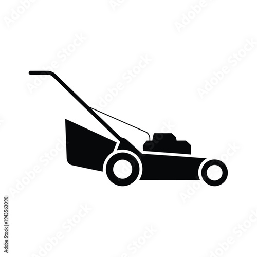 Simple black and white illustration of a push lawn mower