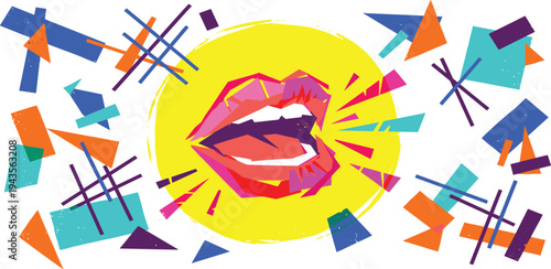 Vibrant open mouth with sound waves emanating outwards, surrounded by abstract geometric shapes, symbolizing communication and expression