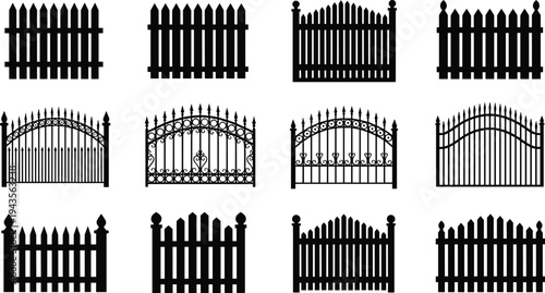 Black fence and gate silhouette collection set isolated on white background, decorative garden barriers and iron gates, cad drawing flat vector illustration