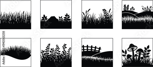 Black grass and nature silhouette frames set with plants hills mushrooms isolated on white background, landscape elements, cad drawing flat vector illustration