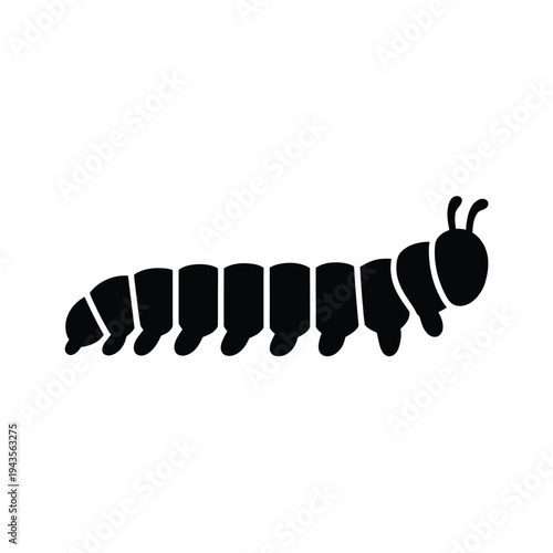 Simple black silhouette of a caterpillar crawling forward on a white background