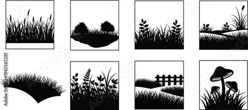 Black grass and nature silhouette square collection set with meadow plants landscape elements isolated on white background, outdoor scenery, cad drawing flat vector illustration