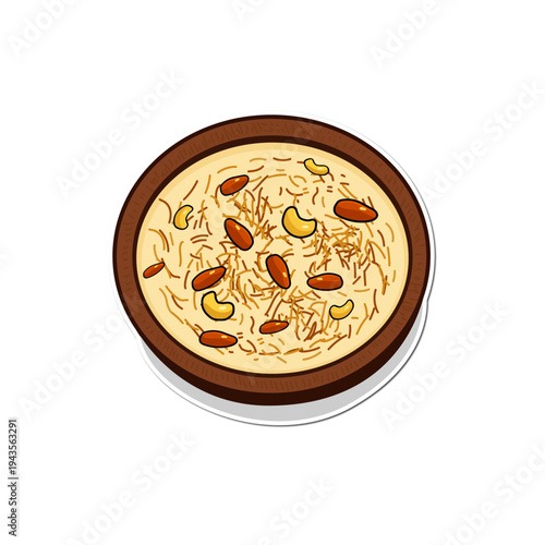 Isolated Bowl of Indian dessert with vermicelli nuts and saffron sweet dish 