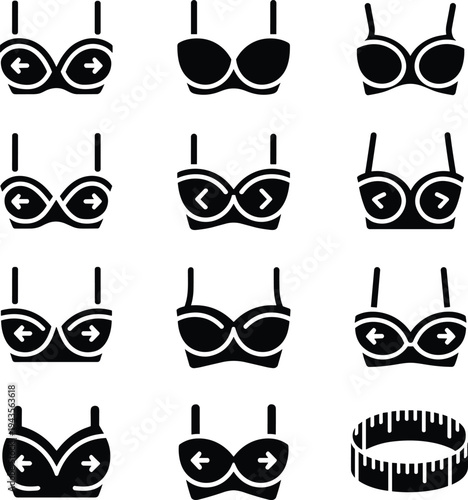 Bra size measurement icons set, lingerie fitting adjustment symbols collection, women underwear guide graphics, clothing instructions pack, cad drawing flat vector illustration