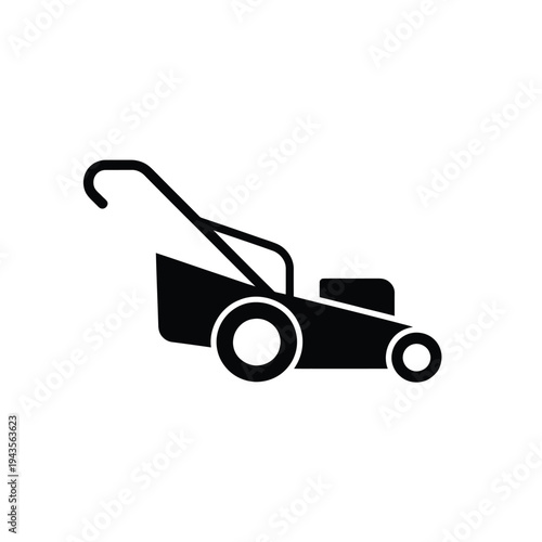 Simple black silhouette of a push lawn mower on a white background