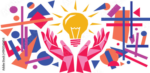 Vibrant abstract geometric design showcasing hands gently holding a glowing light bulb, symbolizing the embrace of new ideas, creativity, and innovative solutions