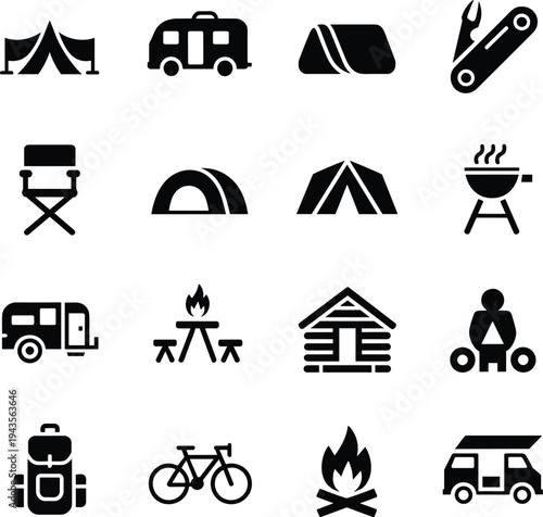 Camping silhouette icons set, tent caravan backpack campfire barbecue outdoor adventure travel symbols collection, cad drawing flat vector illustration