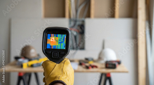 Wallpaper Mural A worker holds a thermal camera displaying heat patterns at a construction site. Torontodigital.ca