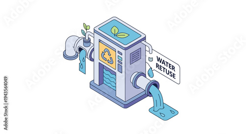 Water recycling machine illustration with blue and green colors, symbolizing environmental protection and sustainability
