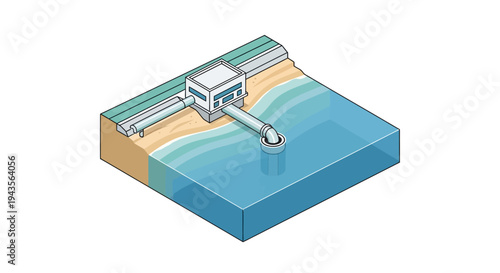 Illustration of a clean energy hydroelectric power plant situated by the ocean with pipes leading into the water