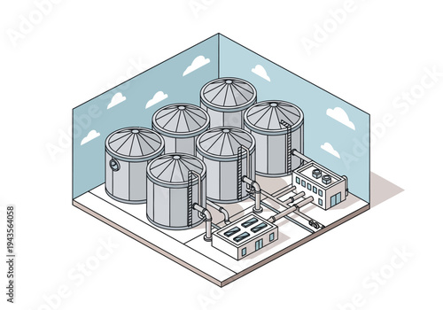 Industrial storage tanks and facility illustration with pipes and equipment
