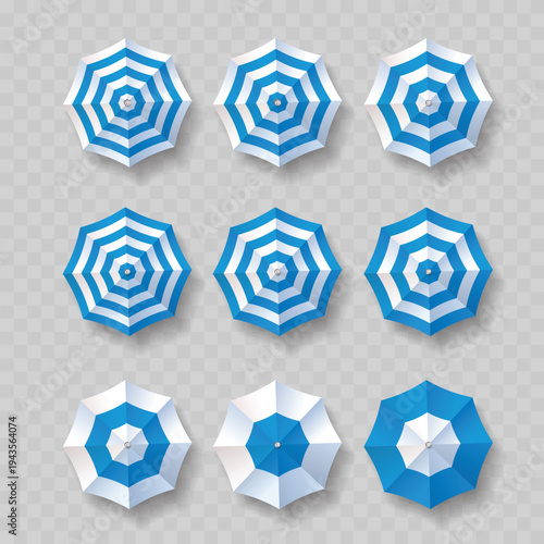 Realistic Top View Beach Umbrella Set. Vector Blue and White Striped Summer Parasols Isolated on Transparent Background.