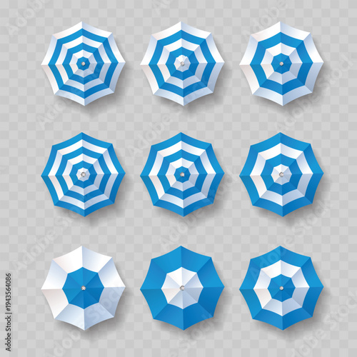 Realistic Top View Beach Umbrella Set. Vector Blue and White Striped Summer Parasols Isolated on Transparent Background.