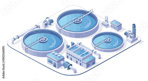 Wastewater treatment plant with multiple circular clarifiers and buildings