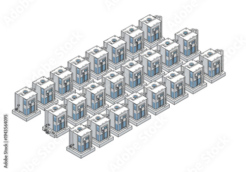 Isometric Grid of Identical Portable Restrooms - Clean and Modern Design