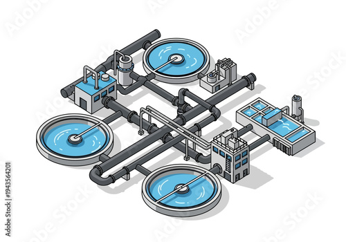 Isometric illustration of a water treatment plant with tanks and pipes