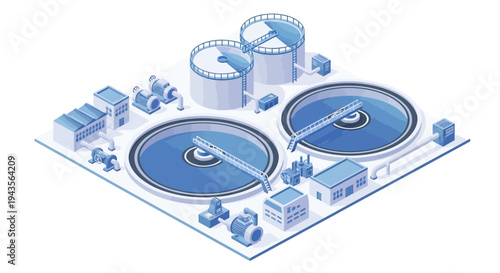 Industrial water treatment plant with clarifiers and machinery, isometric view