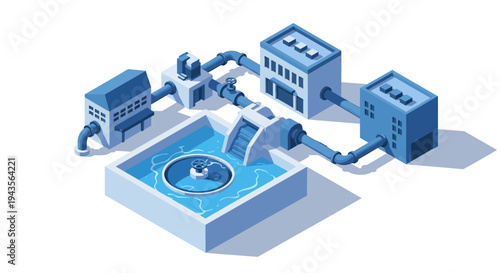 Industrial water treatment plant isometric illustration
