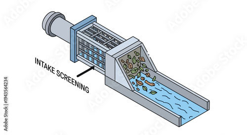 Illustration of an intake screening system capturing debris from flowing water