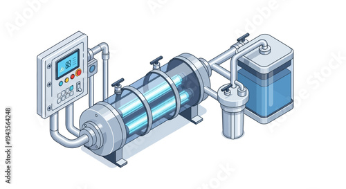 Industrial water purification system with control panel and storage tank