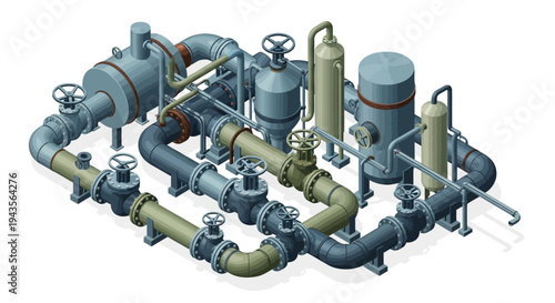 Industrial plant equipment with complex piping and machinery illustration