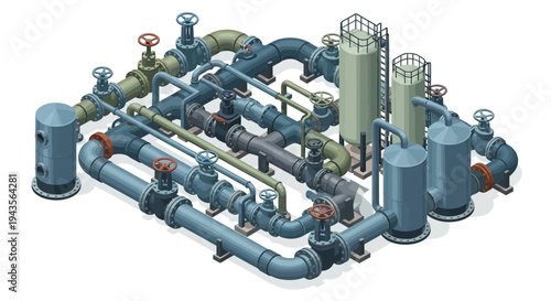 Complex industrial pipeline system with valves and tanks, illustrating fluid transfer and processing
