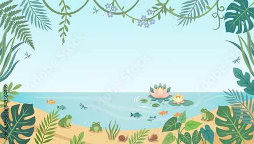Tropical pond ecosystem background with lotus flowers, frogs, fishes, and dragonflies. Nature lake landscape frame with monstera leaves and copy space for text.
