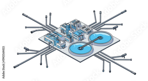 Illustration of a modern water treatment plant with multiple filtration and purification tanks and outflow pipes