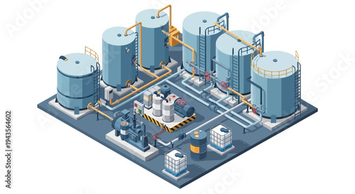 Industrial oil or chemical storage tanks and processing plant with pipes and pumps