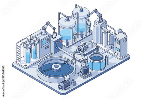 Industrial water treatment plant illustration with filtration and purification systems