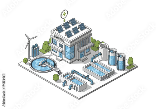 Sustainable energy powered water treatment plant with solar panels and wind turbine