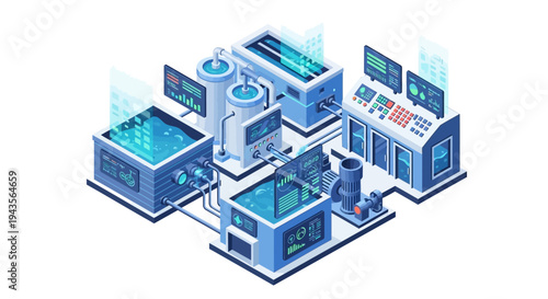 Modern futuristic laboratory or factory with advanced technology and digital screens