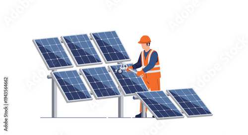 A male worker wearing an orange hard hat and safety vest is meticulously tightening bolts on a blue solar panel with a wrench, surrounded by other panels.