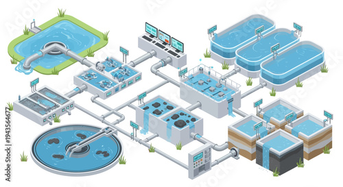 Isometric illustration of a modern water treatment plant and purification system, showing multiple stages of filtration and processing