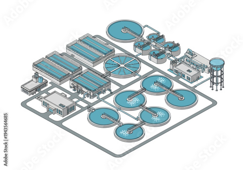 Industrial Water Treatment Plant Infrastructure with Circular Tanks and Buildings
