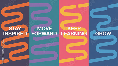 A modern, minimalist motivational poster series divided into four equal sections, each featuring curved, wavy lines in different colors