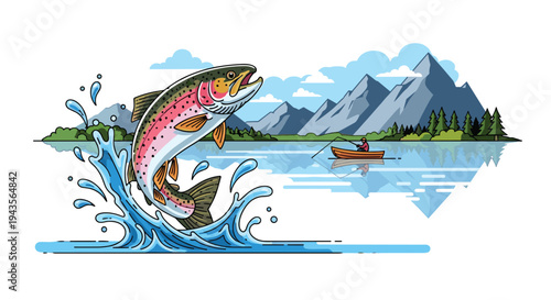 A colorful rainbow trout dramatically leaps from the water, creating splashes, with a distant fisherman in a boat on a lake surrounded by mountains.