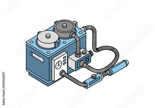 Illustration of a vintage anesthesia machine with tubes and valves, intricate medical equipment design