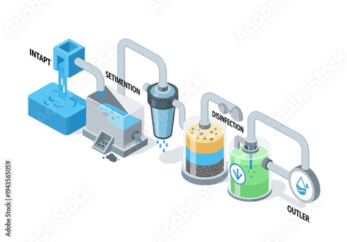 Water filtration process from intake to outlet, illustrating sedimentation and disinfection stages