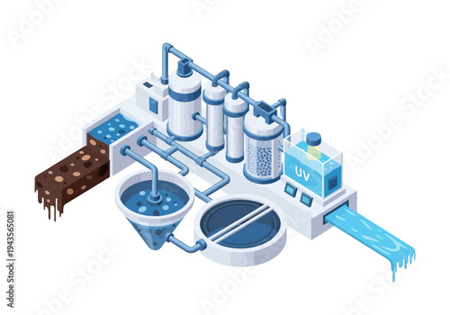 Industrial water purification system isometric illustration showing filtration and UV sterilization processes