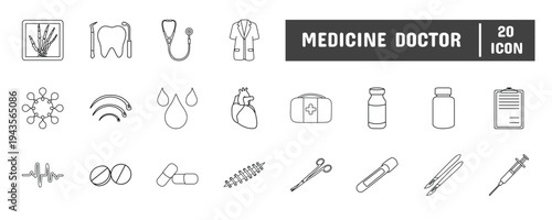 20 Medicine Doctor Line Icon Illustration Set