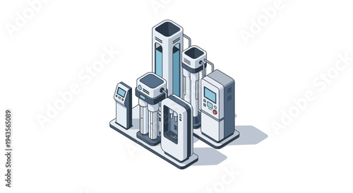 Industrial water purification systems and equipment in a modern isometric illustration