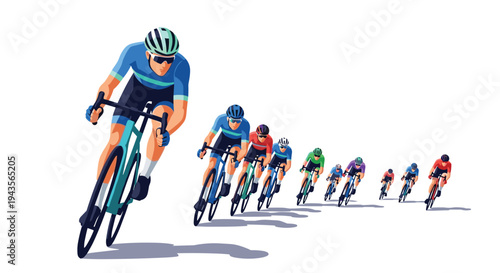 A group of ten cyclists in vibrant racing gear are actively competing in a dynamic race on a clean white background.