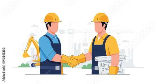 Two construction workers in hard hats and overalls are shaking hands in front of a busy construction site with an excavator and cranes.