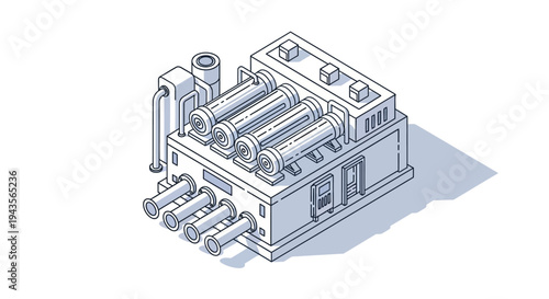 Industrial building with pipes and tanks, factory illustration, isometric view